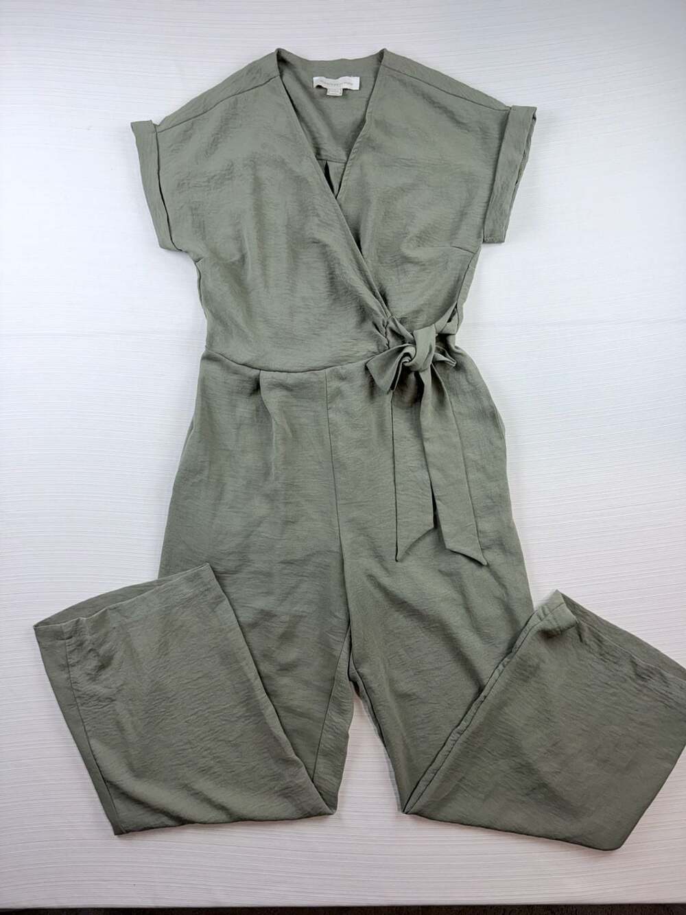 Monteau Los Angeles Wrap Jumpsuit Size L Sage Green Tie Belt Short Sleeve